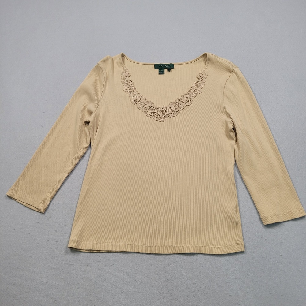 Lauren Ralph Lauren Womens Tan Ribbed Knit Lace Trim V-Neck Top Large